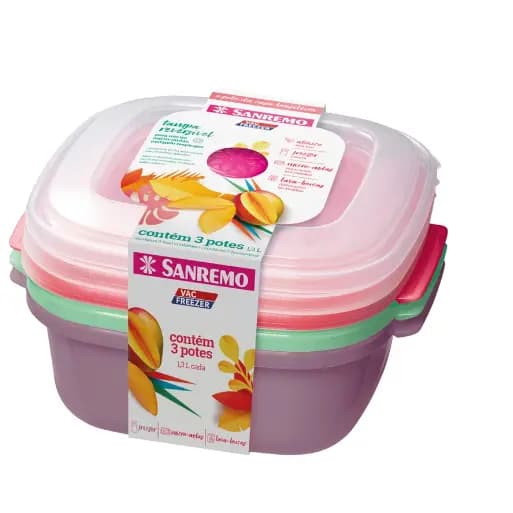 Conj 3 Potes Plasticos Quadrados 480Ml Sanremo REF 55