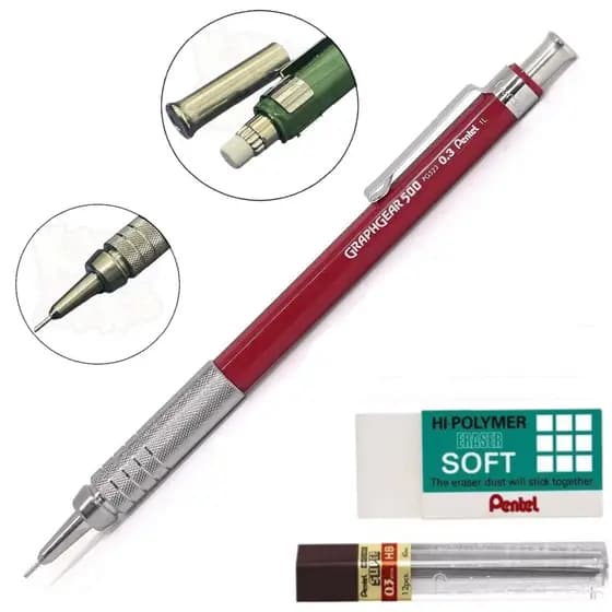 Lapiseira Pentel Graphgear 500 0.3mm Marsala + Grafite + Borracha - Original