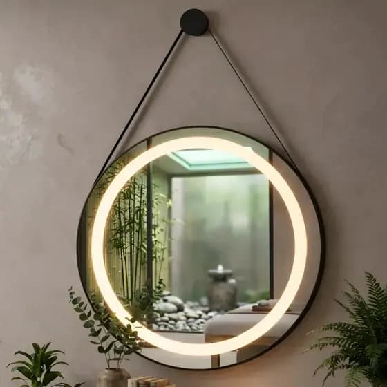 Espelho Redondo com LED 3 Cores Adnet com Moldura em Couro Jateado 40 a 80cm Touch Com Suporte