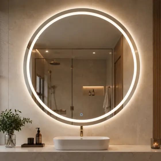 Espelho Redondo com Botão Touch 70x70cm Jateado 3 Cores LED Touch Decoração Parede Banheiro Lapidado