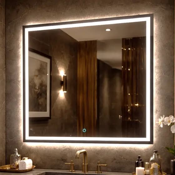 Espelho Quadrado com Botão Touch de Parede Jateado com LED 3 Cores Vários Tamanhos Decoração Luxo