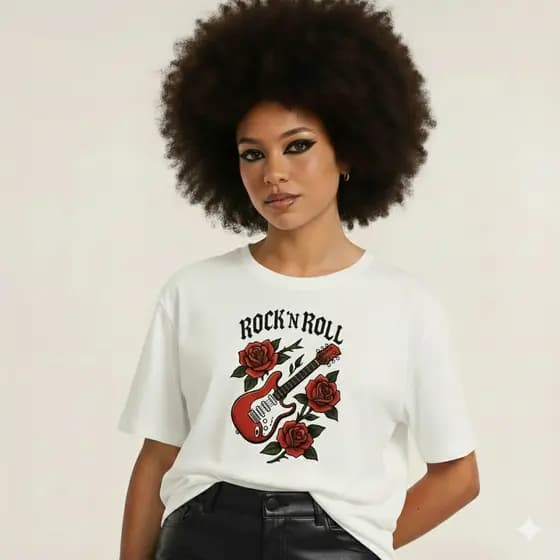 Camiseta T Shirt Feminina 100 % Algodão Estampa Rock Rosas Tendência Envio Imediato