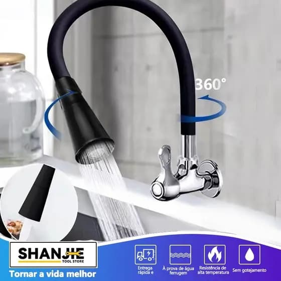 Torneira Gourmet Flexível Cozinha Parede preto Duplo Jato Cone 1/4 de Volta
