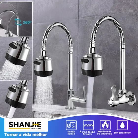 Torneira Gourmet Cozinha Bancada Mesa Pia Cano Inox Flexível 1/4 de volta Saída de água dois modos Rotação 360°