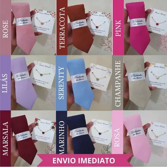 4 a 15 kits Gravata Padrinho Semi Slim e Pulseira Madrinha Folheada Ouro, Azul marinho, Marsala