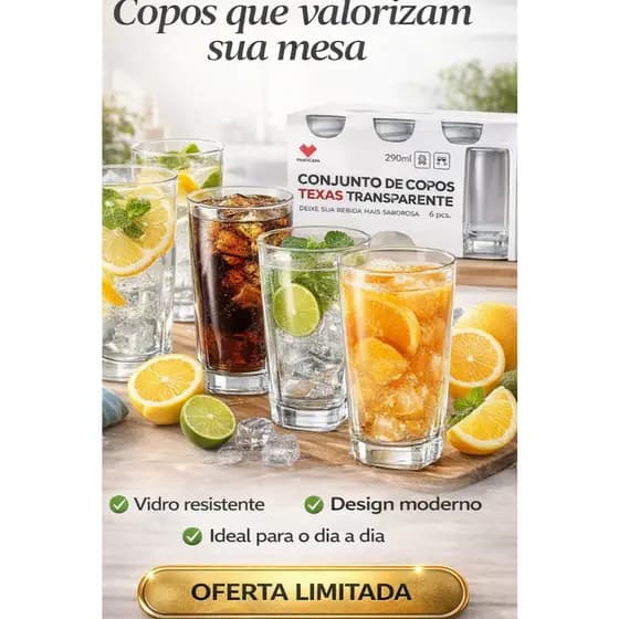 Jogo de Copos de Vidro 290ml 6 Peças – Copo Alto Transparente para Suco, Água e Drinks