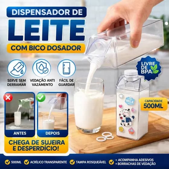 Dispensador de Leite Porta Leite Geladeira com Bico Dosador Jarra 500 ml Transparente Prático Anti Vazamento