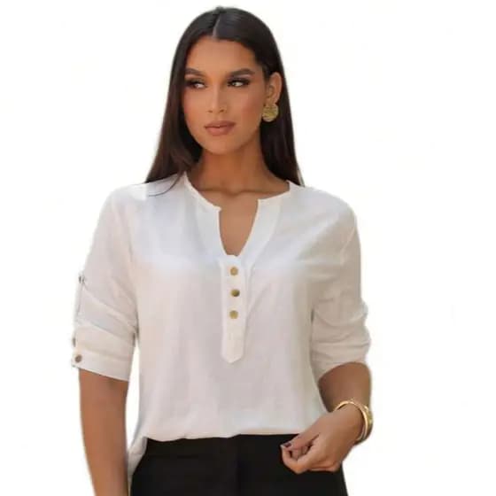 Camisa Social Feminina Manga 3/4 em Viscolinho, Lisa