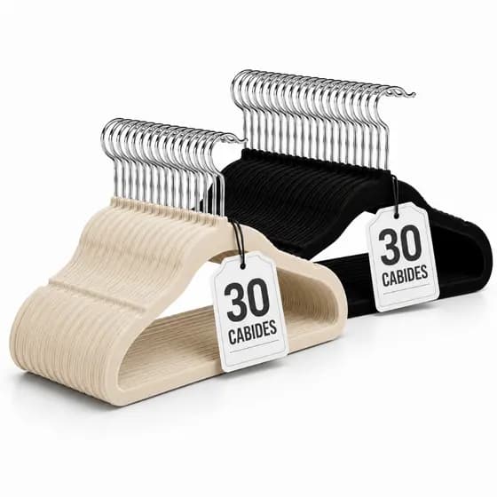 Kit 30 Cabides Premium Veludo Antideslizante Ultra Fino Com Gancho Giratório 360° Preto Bege