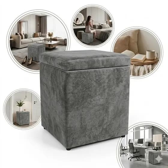 Puff Baú Quadrado Preto Porta Objeto e Organizador de Casa Suede Cinza Premium