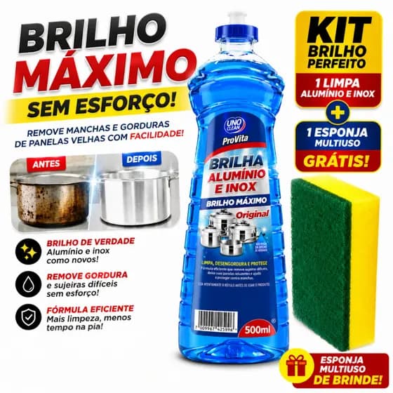 Kit Limpa Alumínio e Inox 500ml + Esponja Lava Louças Limpeza Pesada Remove Manchas Crostas Difíceis