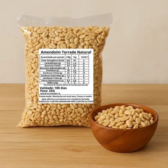 Pacote de 2kg Amendoim Torrado Sem Casca NATURAL (Sem Sal)