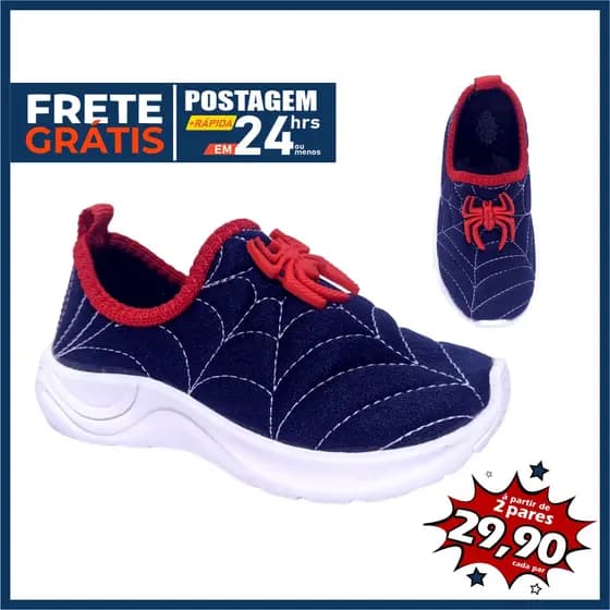 Tênis menino sem cadarço calce fácio slip on meia teia de aranha marinho e vermelho infantil escola