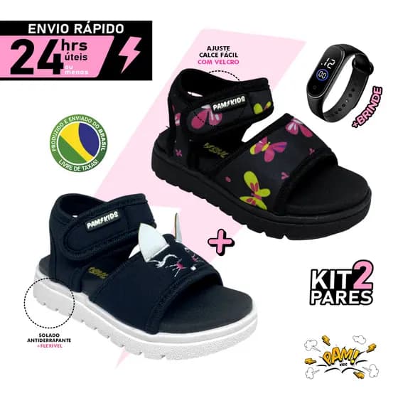 Papete Menina Calce Fácil Sandalia de velcro kit com 2 pares e relogio em led muito macia novidade