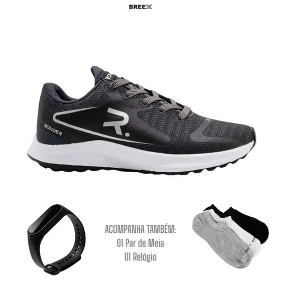 Kit Tênis Academia Corrida Leve Macio Confortável com Meia e Relógio Breex