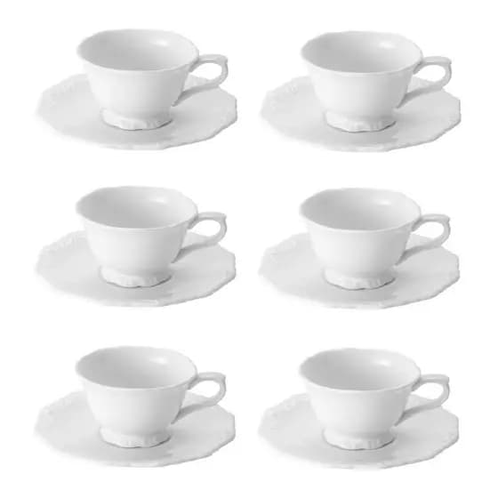Cj 6 Xícaras P/Chá C/Pires Durable Porcelain em Alto Relevo Branco 200ml Wolff