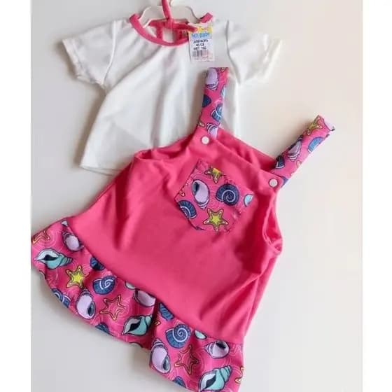 Vestido Salopete Jardineira bebê menina com blusa 2 peças 0 a 6 meses lançamento enxoval