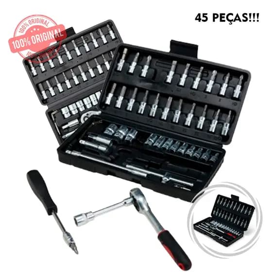 Kit Ferramenta 45 peças chave catraca reversível, soquetes, soquetes com bits, Torx, chaves hexagona