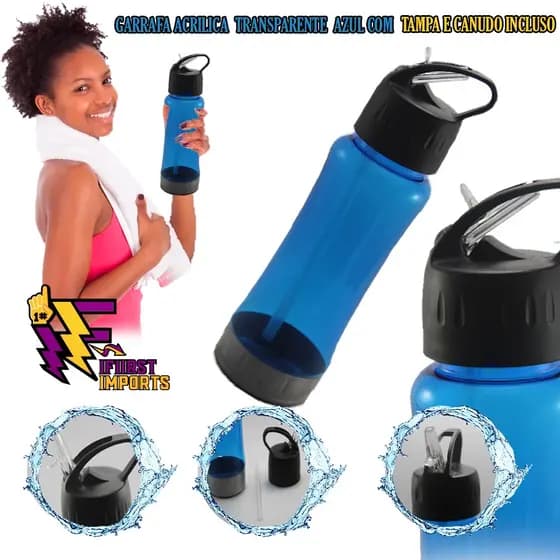 Garrafa Squeeze acrilica 700ml com tampa e canudo na cor azul transparente