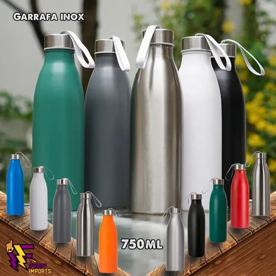 Garrafa Premium 750ml Garrafa Inox Squeeze com tampa rosqueável e alça de nylon embutida.