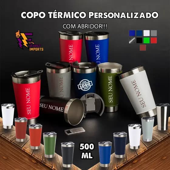 Copo Térmico Personalizado 500ml com Abridor | Gravação a Laser | Monte do Seu Jeito! Parede Dupla