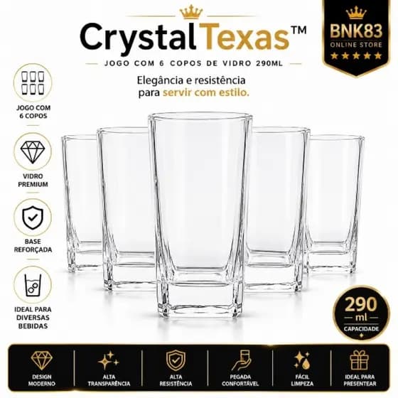 Jogo 6 Copos CrystalTexas™ Vidro Transparente 290ml Quadrado Copo Água Suco Refrigerante Whisky Resistente