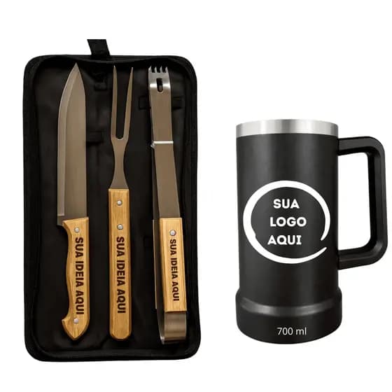 Kit Churrasco Personalizado Faca Garfo e Pegador Nome Time Logo + Copo Térmico com personalização