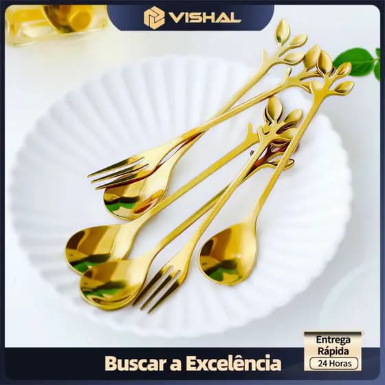 Kit Talheres Dourado 10/20/30/40 Peças - Garfo e Colher de Sobremesa Inox Luxo Para Café