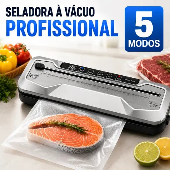 Máquina Seladora a Vácuo para Uso Seco e Úmido, 5 Modos, Inclui Cortador, Sucção Externa e Kit Completo