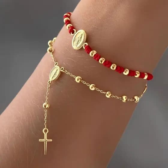 Pulseira Terço Nossa Senhora Semi Joia Delicada Banhada Ouro 18k