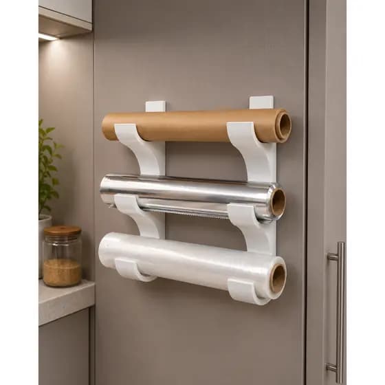 Suporte Porta Papel Toalha Filme PVC Papel Alumínio Dispenser 3 em 1 Organizador de Cozinha Sem Furar Autoadesivo