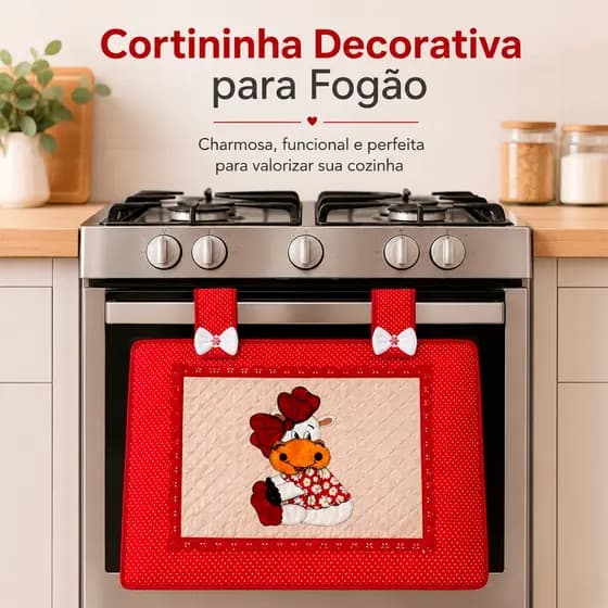 Cortina para Forno Fogão de 4 Bocas Com Alça Laço Patckwork e Acabamento Premium em Viés