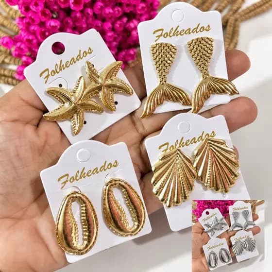 Kit 4 Pares Brincos Femininos Folheado Moda Praia Luxo Verão Estrela Concha Búzio Calda Peixe Sortido