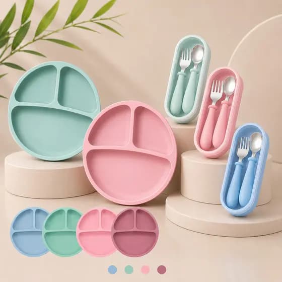 Kit Pratinho Infantil Silicone Com Ventosa + Talheres Bebe