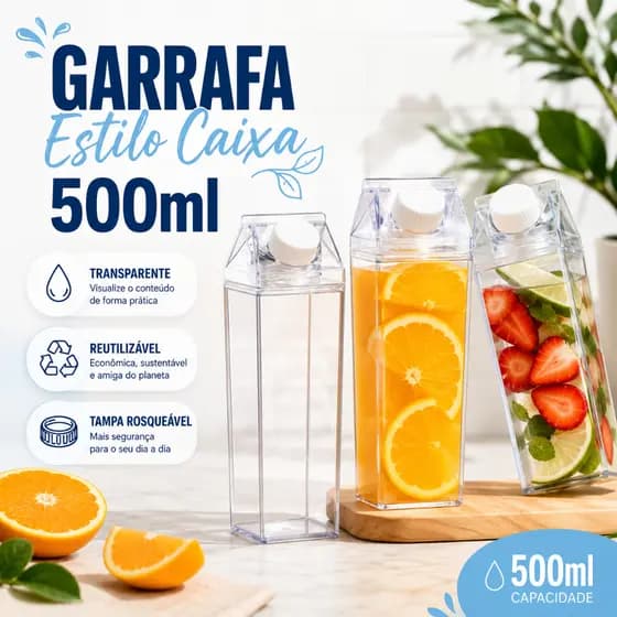 Kit 2 Garrafas Acrílicas 500ml Caixa de Leite Suco Água Tampa Rosca Organizador Geladeira
