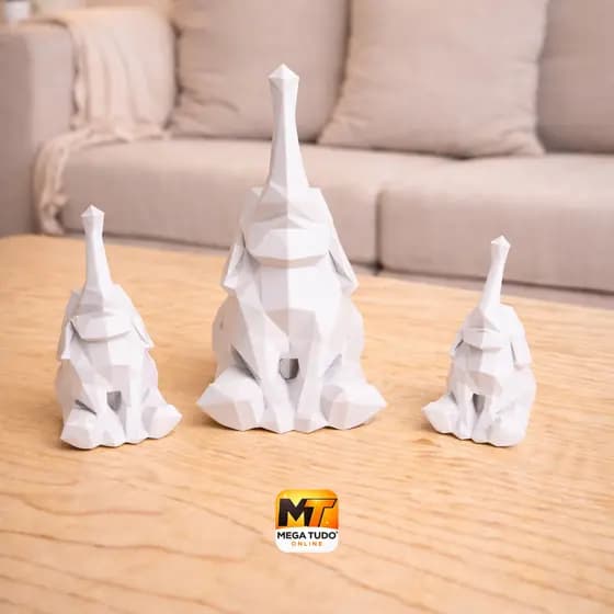 Kit 3 Elefantes Decorativos Família Geométricos Modernos para Sala, Quarto, Escritório e Decoração