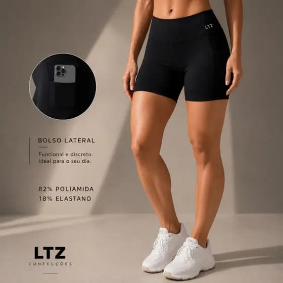 Shorts Curto Fitness Poliamida Premium Cintura Alta Bolso Lateral