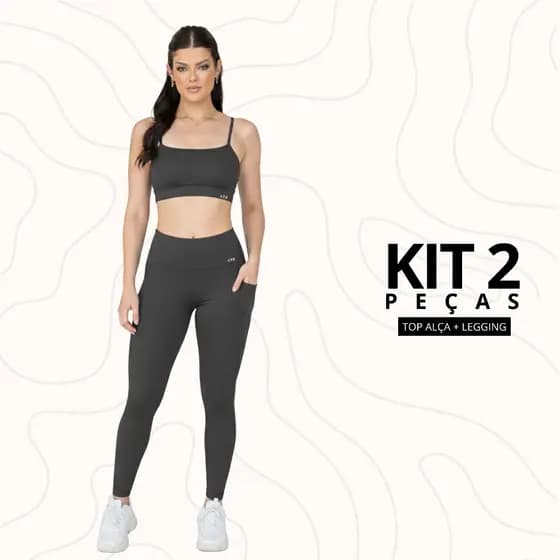 Conjunto Top Alça + Legging Poliamida Premium Cintura Alta Bolso Lateral Cor Cinza