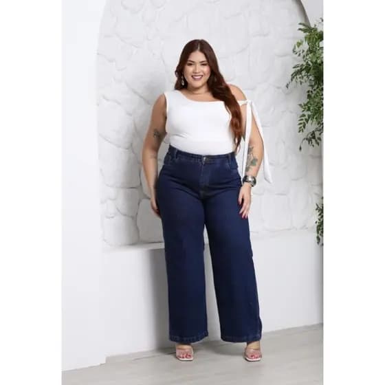 Calça Jeans Feminina Wide Leg Plus Size Jeans Cintura Alta
