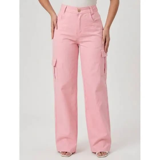 Calça Jeans Cargo Feminina Rosa Bebê - Cintura Alta, Conforto e Estilo