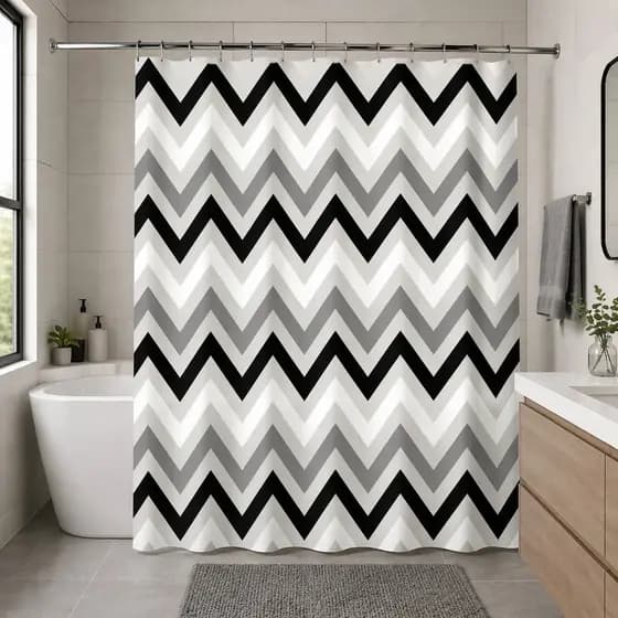 Cortina Box Zig Zag Preto Branco PVC Impermeável Banheiro 138x198cm Com Ganchos