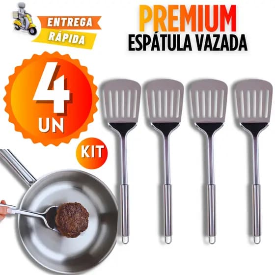Kit 4/3/2/1 Espátula Inox Vazada 35CM Para Chapeiro Antiaderente Não Gruda Cozinha Fritura Hamburguer