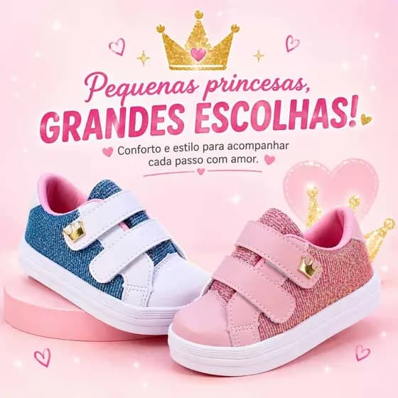 Tênis Infantil Menina Gliter Coroa Velcro Duplo 20 ao 34