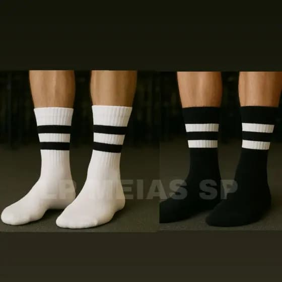 Meia Masculina Cano Alto Kit 3 a 12 Pares Confortável com Listras Ótima para Frio e Academia.