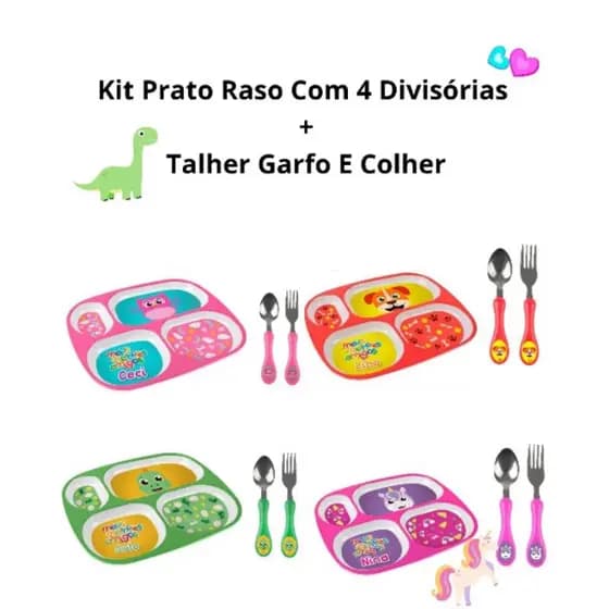 Kit Refeição Infantil 3 Peças Talheres ou garrafa + Prato Divisória Unicórnio Dino Cachorro Coruja