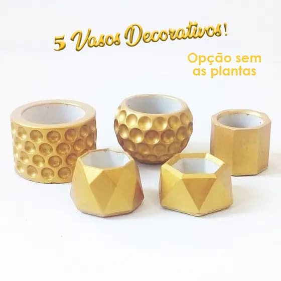 Kit 05 Vasos Para Plantas, Vaso Decorativo, Vasos Decorados Cor Ouro