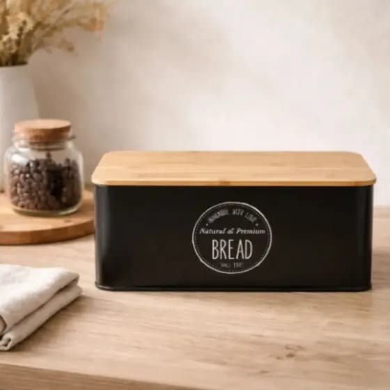 Porta Pão e Mantimentos Lata e Tampa de Bambu Grande Ultra Resistente e Moderno Mesa Posta Luxo Preto