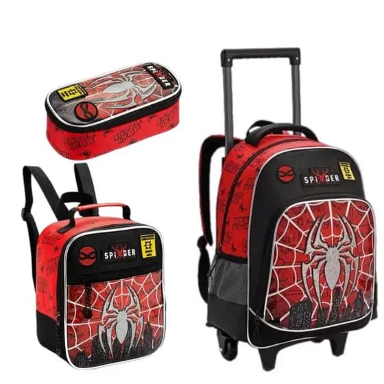 Kit Escolar Com Mochila Do Homem Aranha Com Rodinhas, Lancheira Térmica E Estojo