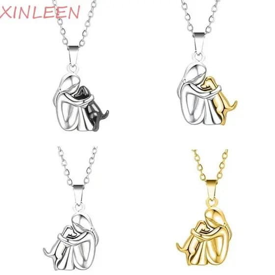 XINLEEN Brincos Para Abraçar Meninas E Cachorros , Colar Com Pingente Criativo Dourado Prateado