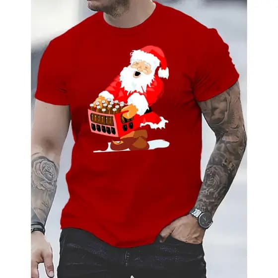 Camiseta Vermelha Masculina De Natal Papai Noel e Cerveja